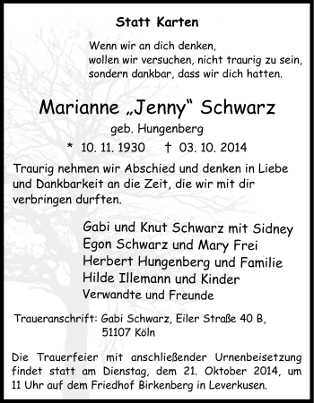 Anzeige von Marianne Schwarz von Kölner Stadt-Anzeiger / Kölnische Rundschau / Express