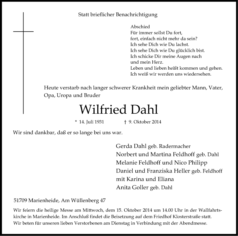  Traueranzeige für Wilfried Dahl vom 13.10.2014 aus Kölner Stadt-Anzeiger / Kölnische Rundschau / Express