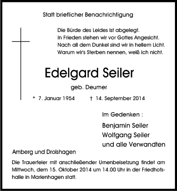 Anzeige von Edelgard Seiler von Kölner Stadt-Anzeiger / Kölnische Rundschau / Express