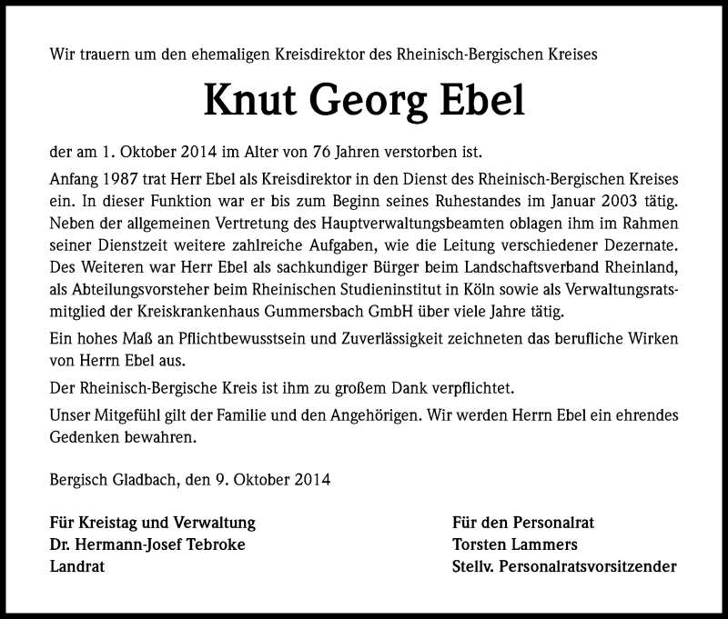  Traueranzeige für Knut Georg Ebel vom 11.10.2014 aus Kölner Stadt-Anzeiger / Kölnische Rundschau / Express