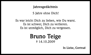 Anzeige von Bruno Teige von Kölner Stadt-Anzeiger / Kölnische Rundschau / Express