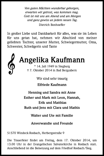 Anzeige von Angelika Kaufmann von Kölner Stadt-Anzeiger / Kölnische Rundschau / Express