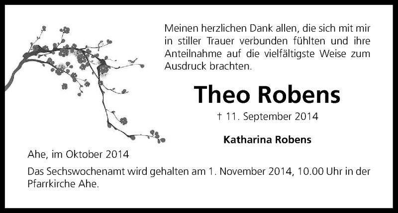  Traueranzeige für Theo Robens vom 25.10.2014 aus Kölner Stadt-Anzeiger / Kölnische Rundschau / Express