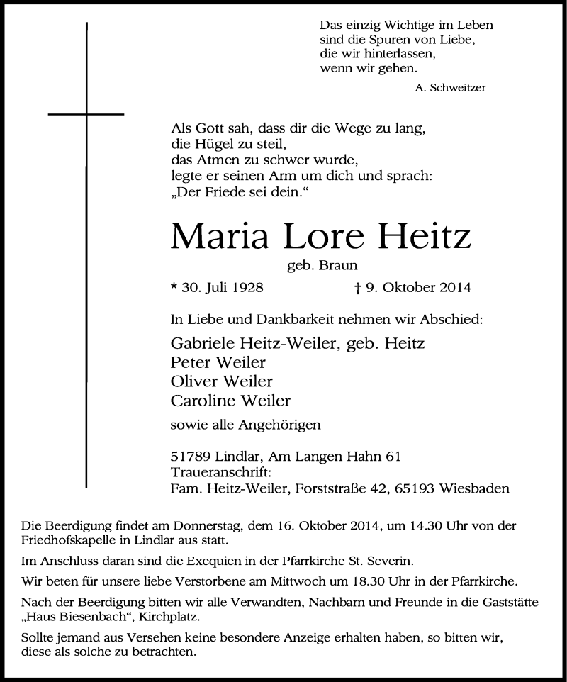  Traueranzeige für Maria Lore Heitz vom 11.10.2014 aus Kölner Stadt-Anzeiger / Kölnische Rundschau / Express