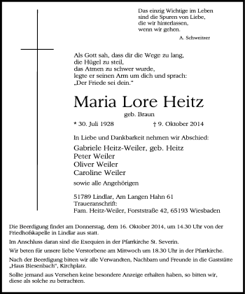 Anzeige von Maria Lore Heitz von Kölner Stadt-Anzeiger / Kölnische Rundschau / Express