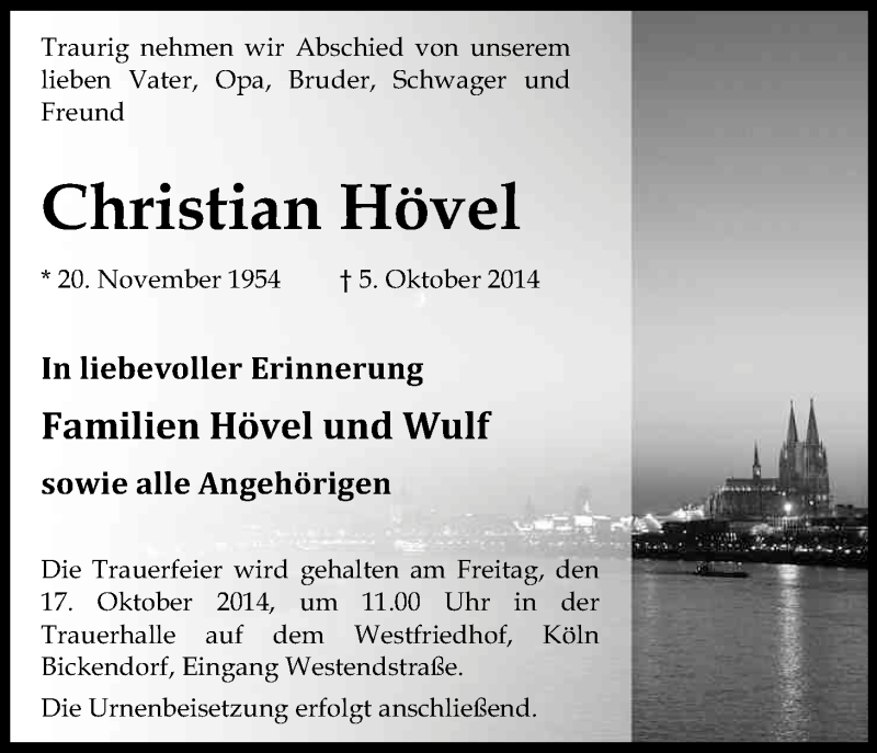  Traueranzeige für Christian Hövel vom 11.10.2014 aus Kölner Stadt-Anzeiger / Kölnische Rundschau / Express