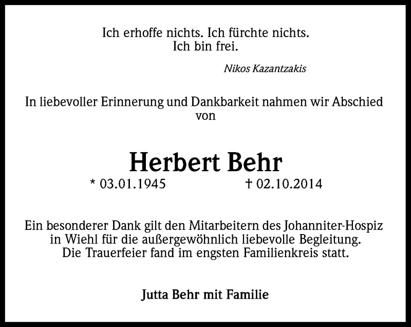  Traueranzeige für Herbert Behr vom 11.10.2014 aus Kölner Stadt-Anzeiger / Kölnische Rundschau / Express