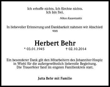 Anzeige von Herbert Behr von Kölner Stadt-Anzeiger / Kölnische Rundschau / Express