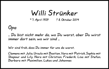 Anzeige von Willi Strünker von Kölner Stadt-Anzeiger / Kölnische Rundschau / Express