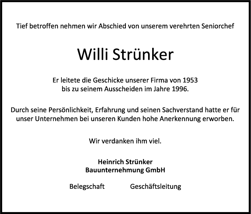  Traueranzeige für Willi Strünker vom 11.10.2014 aus Kölner Stadt-Anzeiger / Kölnische Rundschau / Express