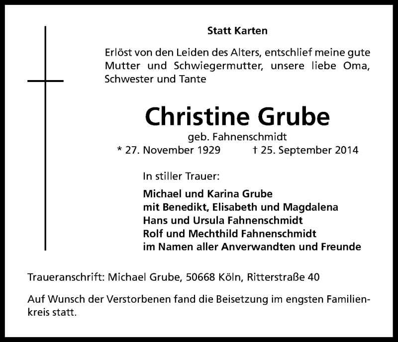  Traueranzeige für Christine Grube vom 15.10.2014 aus Kölner Stadt-Anzeiger / Kölnische Rundschau / Express
