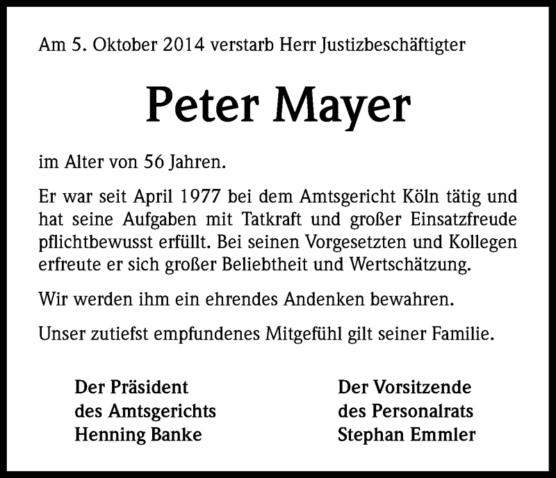  Traueranzeige für Peter Mayer vom 13.10.2014 aus Kölner Stadt-Anzeiger / Kölnische Rundschau / Express