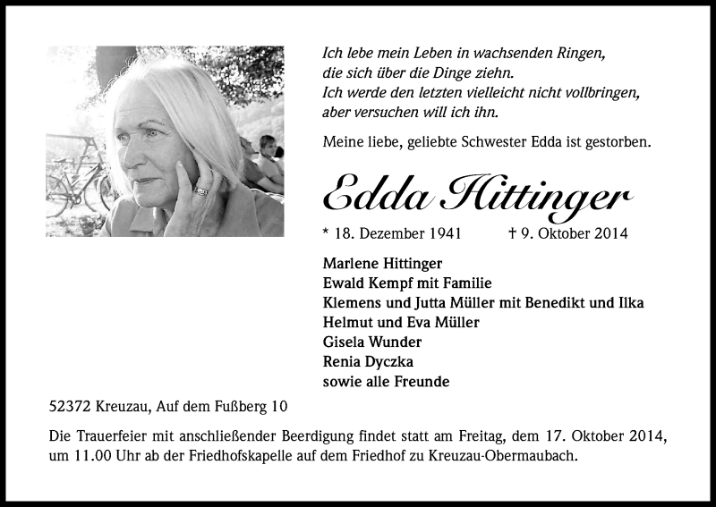  Traueranzeige für Edda Hittinger vom 15.10.2014 aus Kölner Stadt-Anzeiger / Kölnische Rundschau / Express