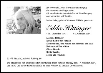 Anzeige von Edda Hittinger von Kölner Stadt-Anzeiger / Kölnische Rundschau / Express