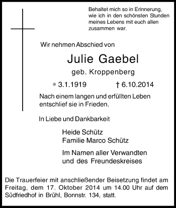 Anzeige von Julie Gaebel von Kölner Stadt-Anzeiger / Kölnische Rundschau / Express