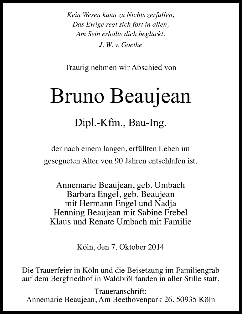  Traueranzeige für Bruno Beaujean vom 18.10.2014 aus Kölner Stadt-Anzeiger / Kölnische Rundschau / Express