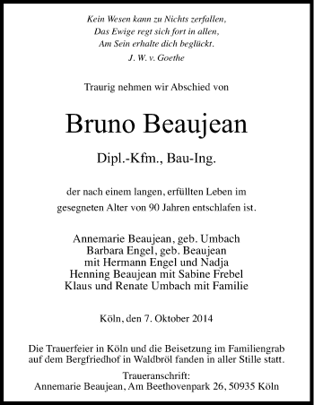 Anzeige von Bruno Beaujean von Kölner Stadt-Anzeiger / Kölnische Rundschau / Express