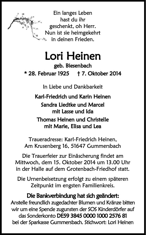  Traueranzeige für Lori Heinen vom 13.10.2014 aus Kölner Stadt-Anzeiger / Kölnische Rundschau / Express