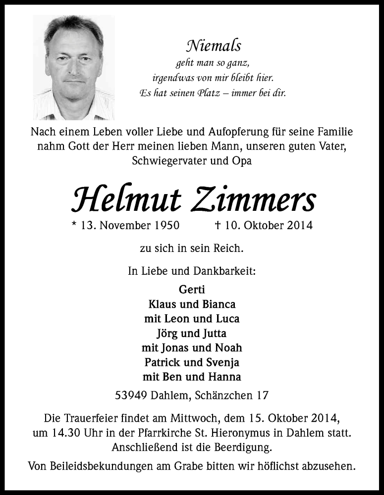  Traueranzeige für Helmut Zimmers vom 13.10.2014 aus Kölner Stadt-Anzeiger / Kölnische Rundschau / Express