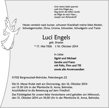 Anzeige von Luci Engels von Kölner Stadt-Anzeiger / Kölnische Rundschau / Express