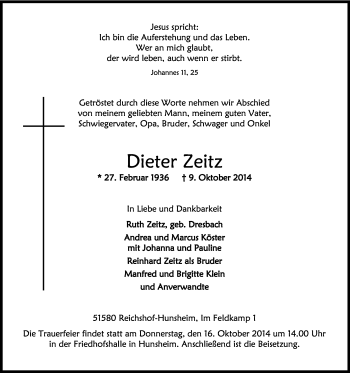 Anzeige von Dieter Zeitz von Kölner Stadt-Anzeiger / Kölnische Rundschau / Express