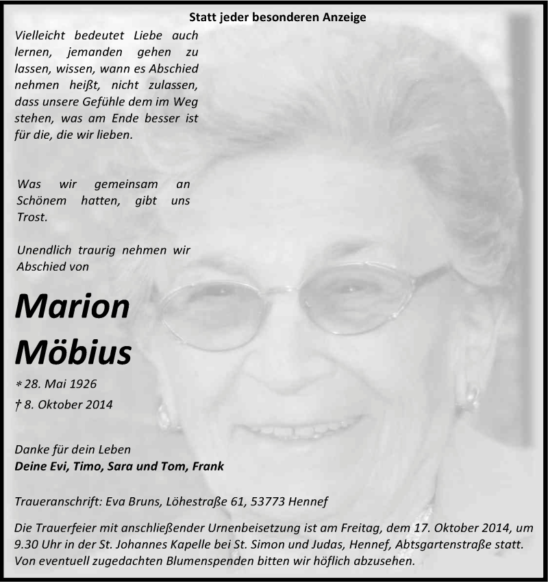  Traueranzeige für Marion Möbius vom 13.10.2014 aus Kölner Stadt-Anzeiger / Kölnische Rundschau / Express