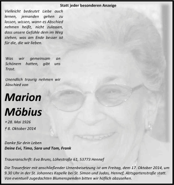 Anzeige von Marion Möbius von Kölner Stadt-Anzeiger / Kölnische Rundschau / Express