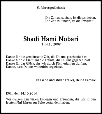Anzeige von Shadi Hami Nobari von Kölner Stadt-Anzeiger / Kölnische Rundschau / Express
