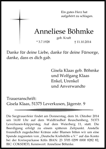 Anzeige von Anneliese Böhmke von Kölner Stadt-Anzeiger / Kölnische Rundschau / Express