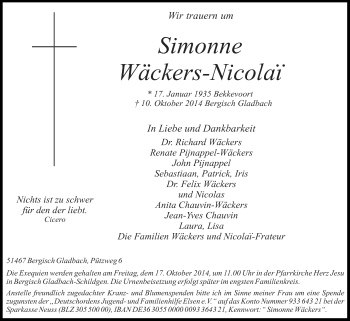 Anzeige von Simonne Wäckers-Nicolai von Kölner Stadt-Anzeiger / Kölnische Rundschau / Express