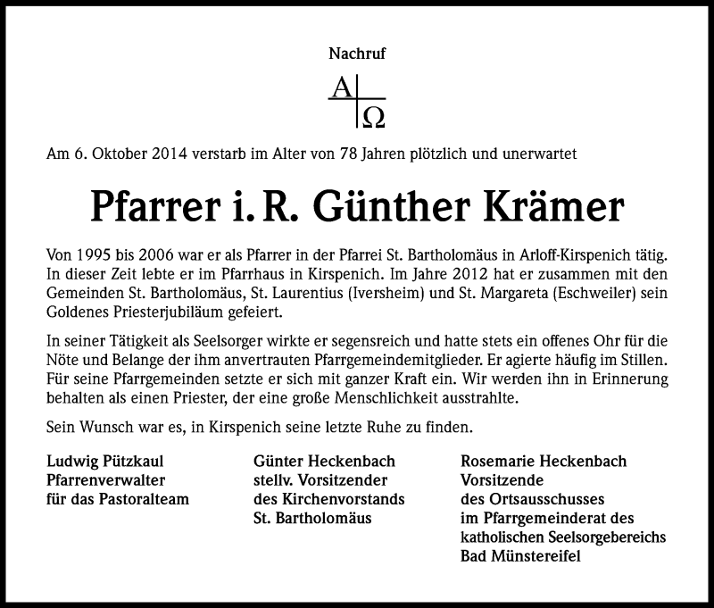  Traueranzeige für Günther Krämer vom 14.10.2014 aus Kölner Stadt-Anzeiger / Kölnische Rundschau / Express