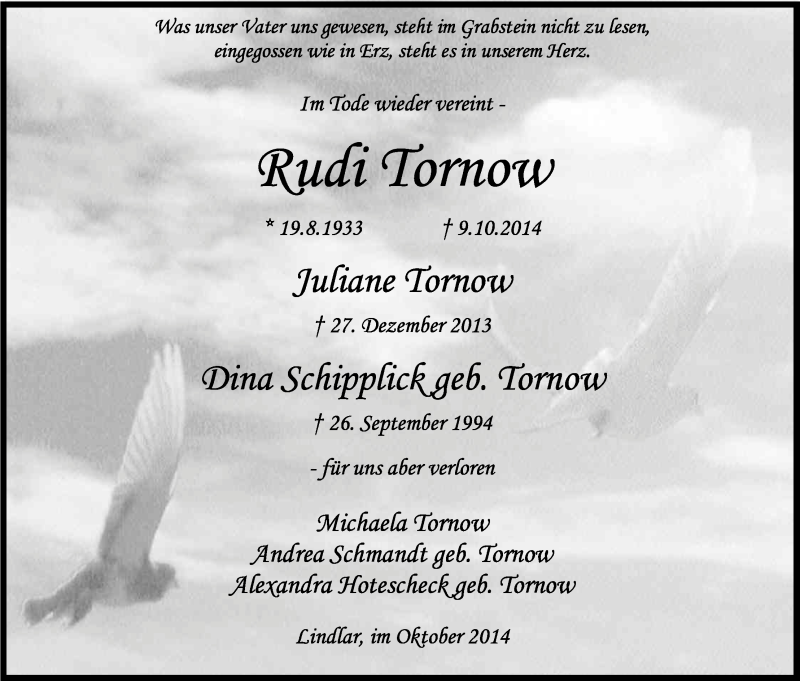  Traueranzeige für Rudi Tornow vom 14.10.2014 aus Kölner Stadt-Anzeiger / Kölnische Rundschau / Express