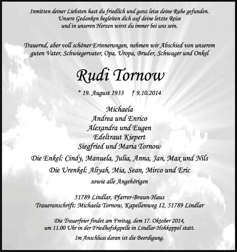  Traueranzeige für Rudi Tornow vom 14.10.2014 aus Kölner Stadt-Anzeiger / Kölnische Rundschau / Express