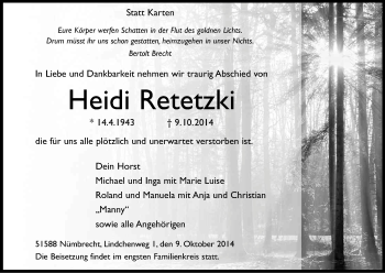 Anzeige von Heidi Retetzki von Kölner Stadt-Anzeiger / Kölnische Rundschau / Express