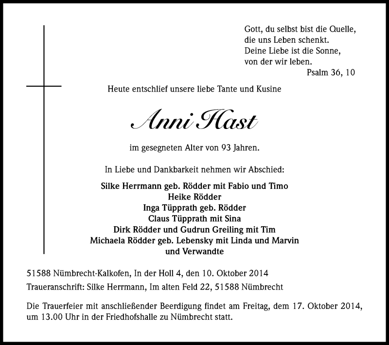  Traueranzeige für Anni Hast vom 14.10.2014 aus Kölner Stadt-Anzeiger / Kölnische Rundschau / Express