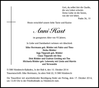 Anzeige von Anni Hast von Kölner Stadt-Anzeiger / Kölnische Rundschau / Express