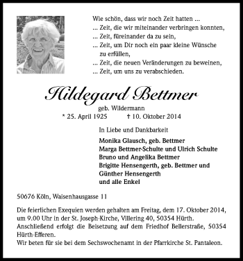 Anzeige von Hildegard Bettmer von Kölner Stadt-Anzeiger / Kölnische Rundschau / Express