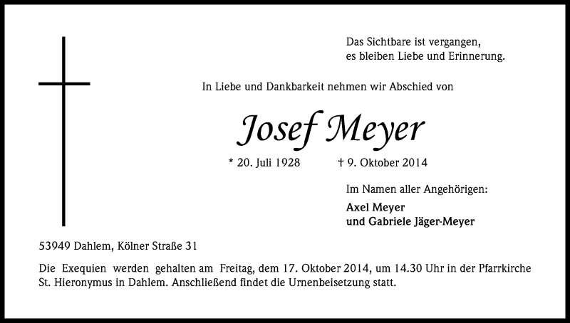  Traueranzeige für Josef Meyer vom 15.10.2014 aus Kölner Stadt-Anzeiger / Kölnische Rundschau / Express
