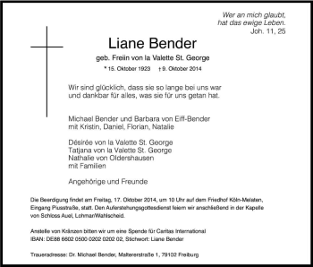 Anzeige von Liane Bender von Kölner Stadt-Anzeiger / Kölnische Rundschau / Express