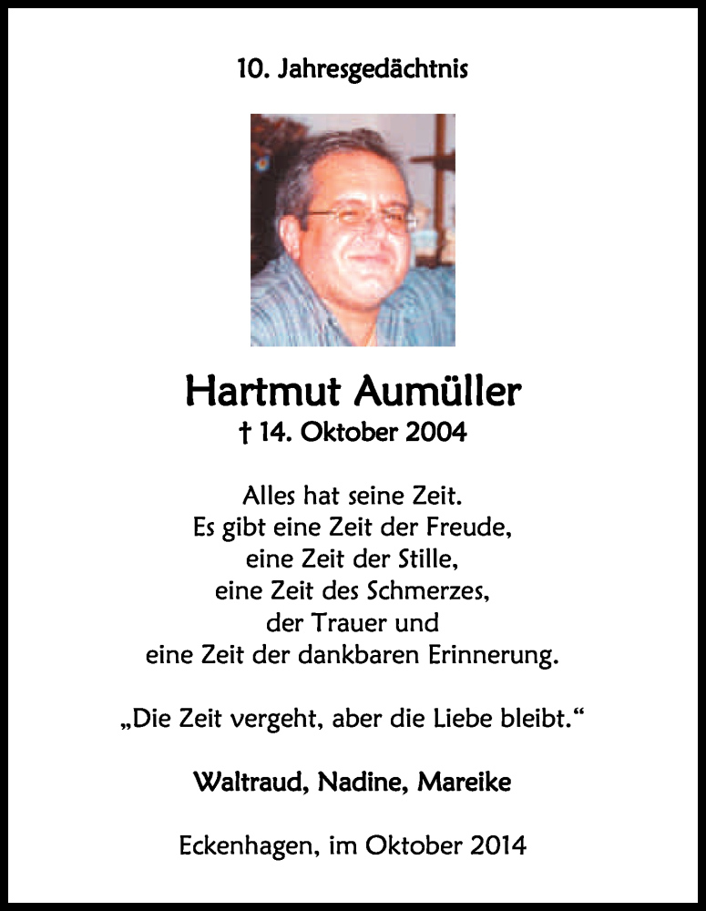  Traueranzeige für Hartmut Aumüller vom 14.10.2014 aus Kölner Stadt-Anzeiger / Kölnische Rundschau / Express