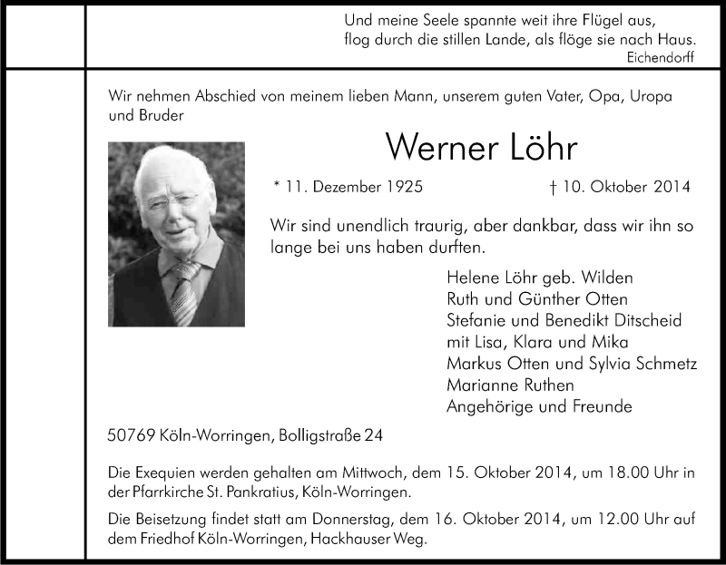  Traueranzeige für Werner Löhr vom 14.10.2014 aus Kölner Stadt-Anzeiger / Kölnische Rundschau / Express
