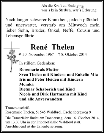 Anzeige von René Thelen von Kölner Stadt-Anzeiger / Kölnische Rundschau / Express