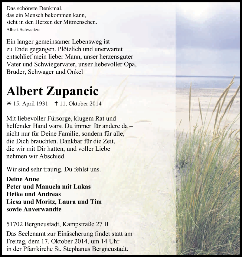  Traueranzeige für Albert Zupancic vom 14.10.2014 aus Kölner Stadt-Anzeiger / Kölnische Rundschau / Express
