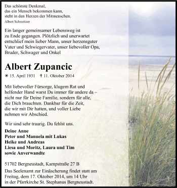 Anzeige von Albert Zupancic von Kölner Stadt-Anzeiger / Kölnische Rundschau / Express