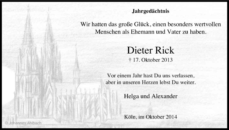  Traueranzeige für Dieter Rick vom 17.10.2014 aus Kölner Stadt-Anzeiger / Kölnische Rundschau / Express