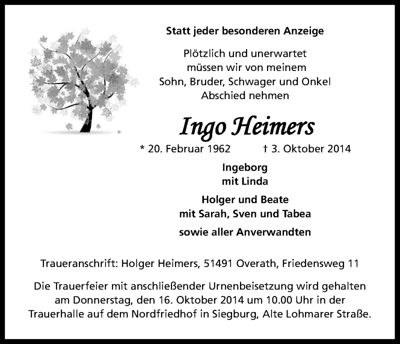  Traueranzeige für Ingo Heimers vom 14.10.2014 aus Kölner Stadt-Anzeiger / Kölnische Rundschau / Express