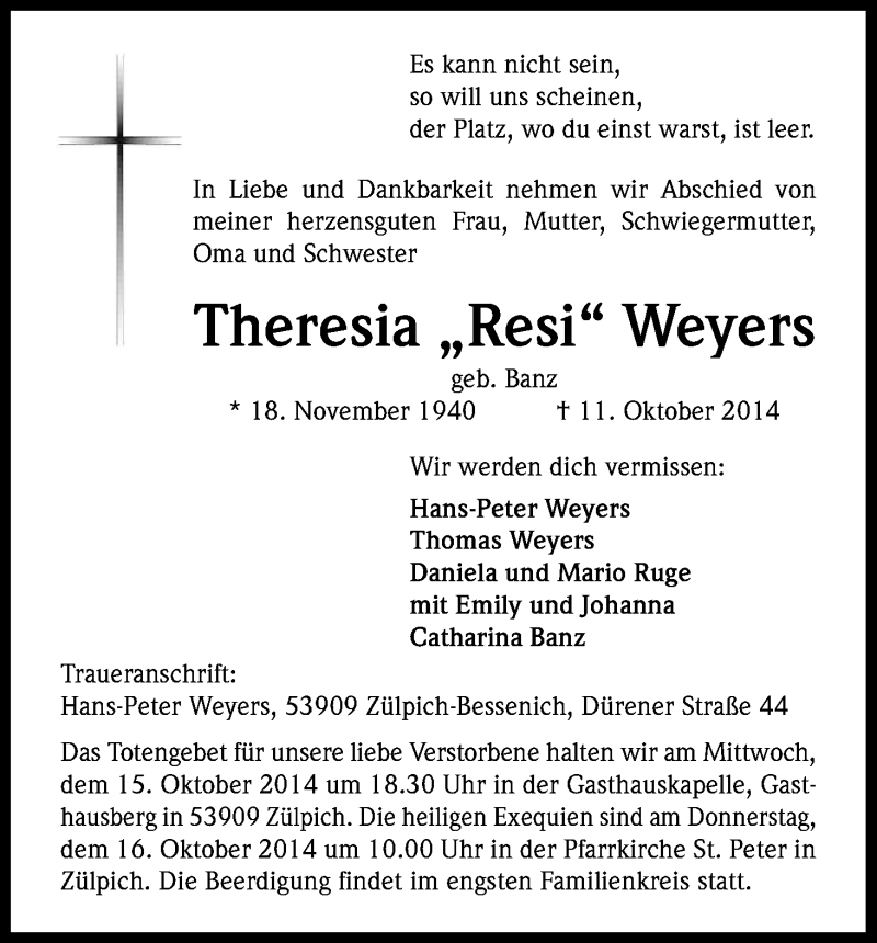  Traueranzeige für Theresia Weyers vom 14.10.2014 aus Kölner Stadt-Anzeiger / Kölnische Rundschau / Express