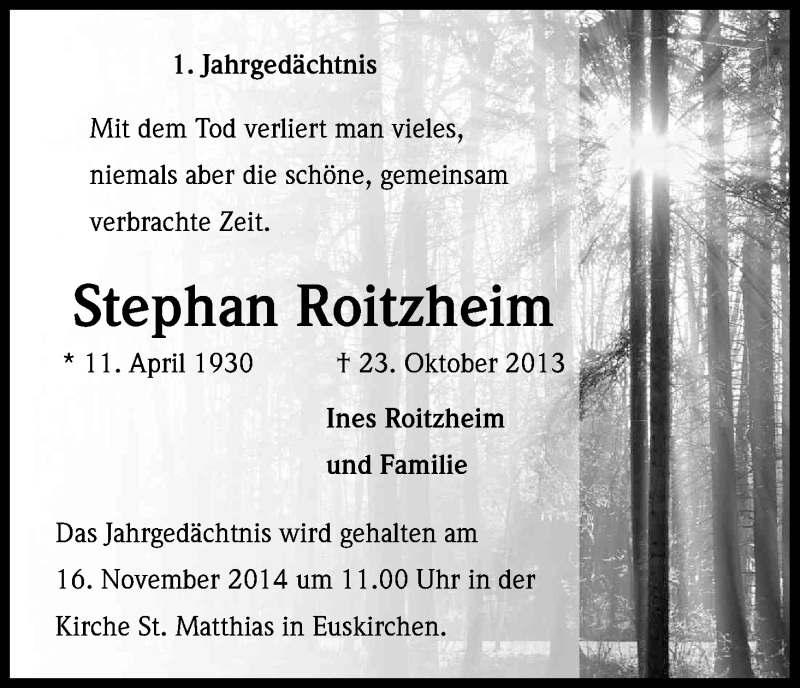  Traueranzeige für Stephan Roitzheim vom 12.11.2014 aus Kölner Stadt-Anzeiger / Kölnische Rundschau / Express