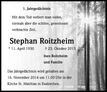 Anzeige von Stephan Roitzheim von Kölner Stadt-Anzeiger / Kölnische Rundschau / Express