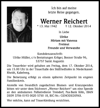 Anzeige von Werner Reichert von Kölner Stadt-Anzeiger / Kölnische Rundschau / Express